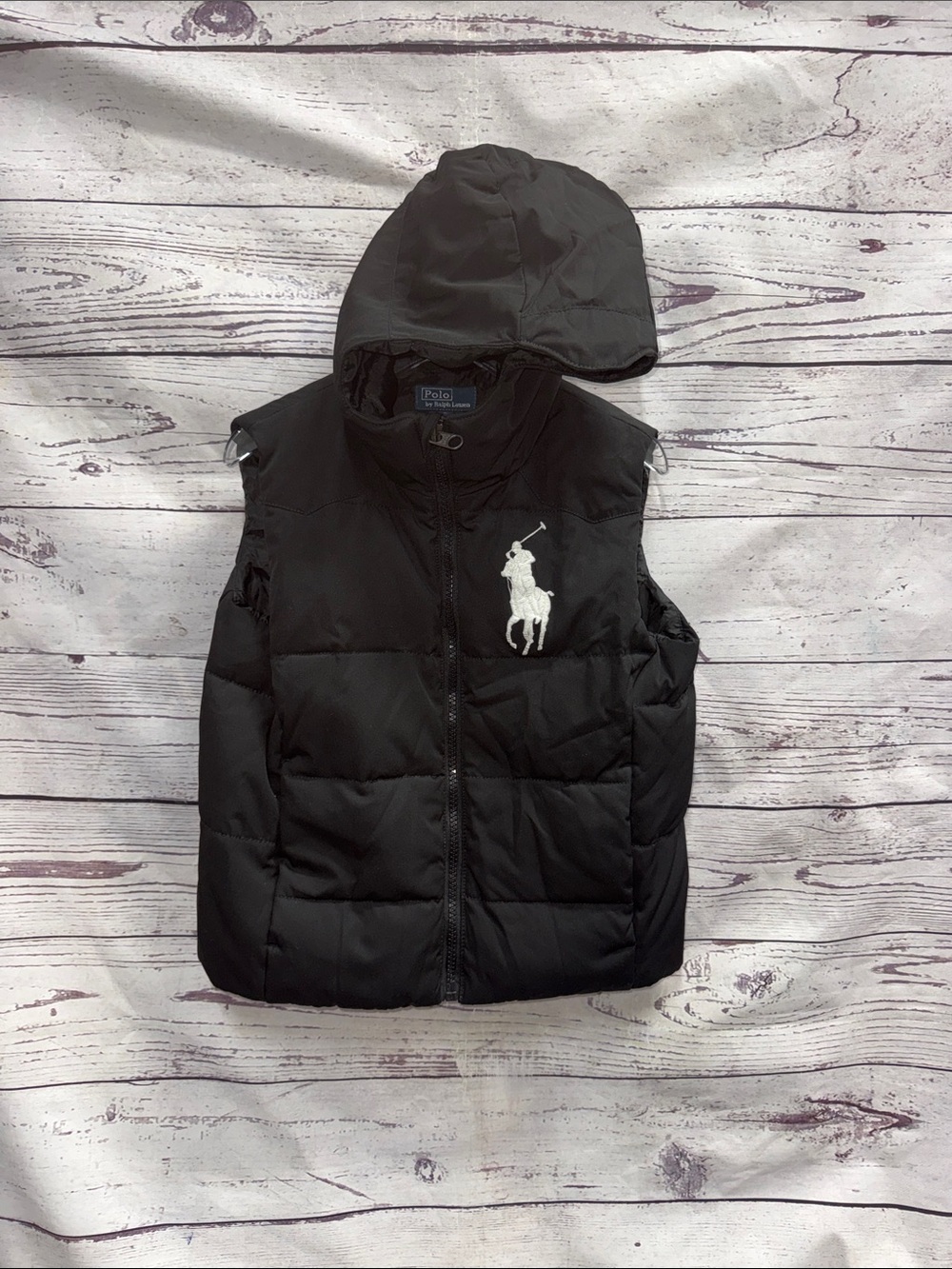 Polo by Ralph Lauren Black Quilted Hooded Vest with White Pony Size 5